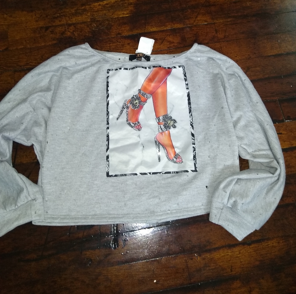 Gray 3/4 length sleeve crop top sweatshirt swiss cheese cutouts